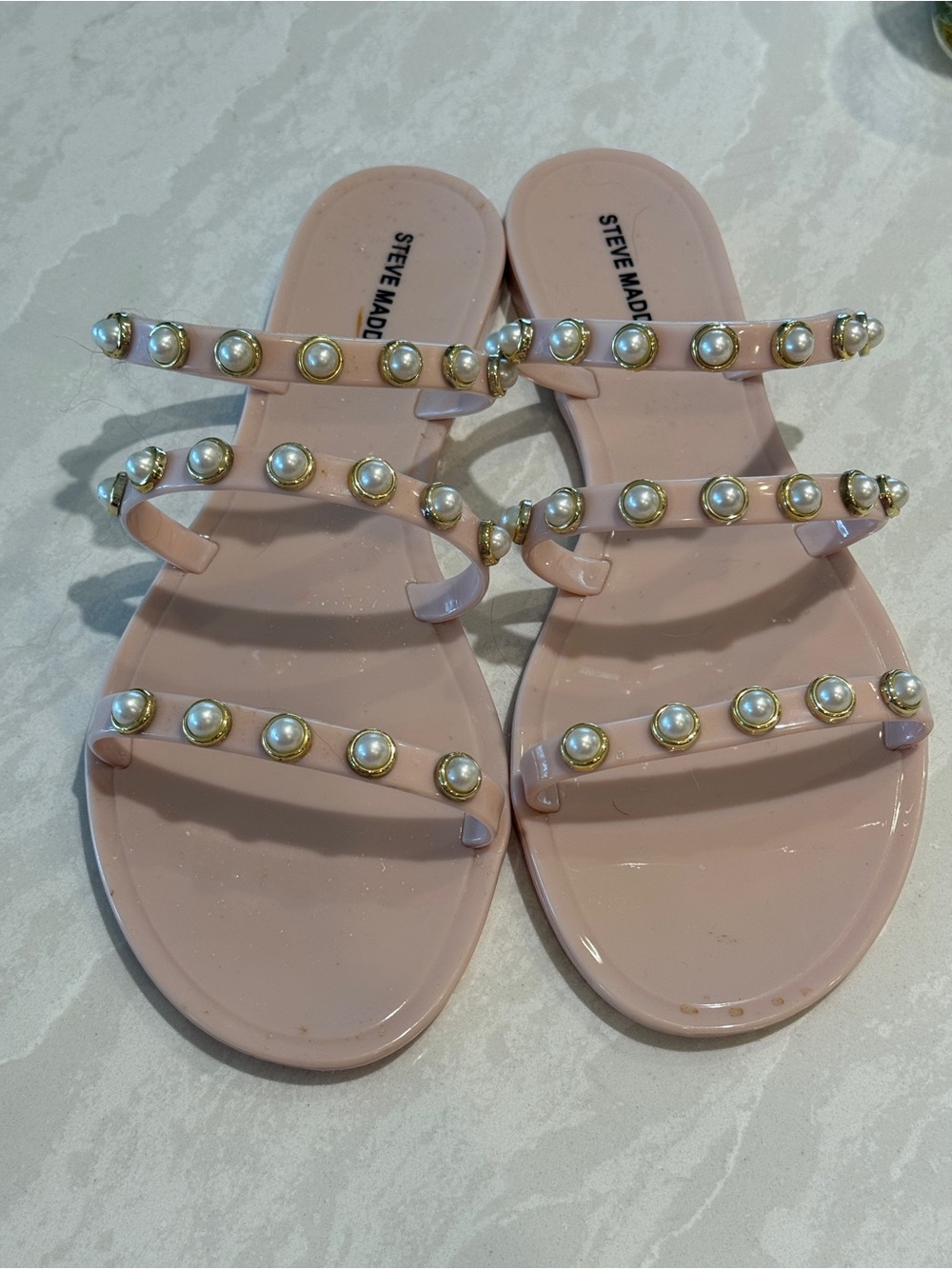 Steve Madden Blush Pink Pearl-Studded Jelly Slide Sandals